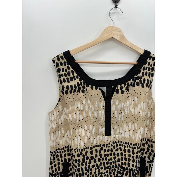 Pomodoro Dress Women 12 Tan Black Polka Dot Sleeveless Cotton Linen Shift Pocket - Picture 4 of 8